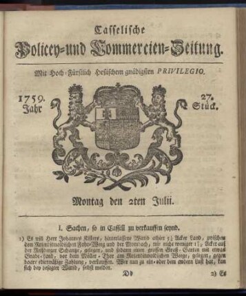 27. Stueck, Montag den 2ten Julii 1759