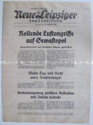 Extrablatt der "Neuen Leipziger Tageszeitung" zu deutschen Luftangriffen auf Sewastopol, italienischen Luftangriffen auf Malta und japanischen Marineoperationen