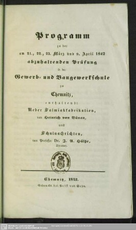 1842: Programm zu der am ... abzuhaltenden Prüfung in der Gewerb- und Baugewerkschule zu Chemnitz