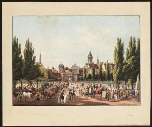 Ansicht von Leipzig vor dem Grimmaischen Tor, colorierte Umrißradierung, 1810