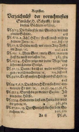 Verzeichnüß der vornehmesten Sprüche H. Schrifft/ so in diesem Büchlein erkläret.