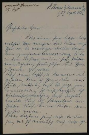 Brief eines Sohnes von Sibylle Mertens Schaaffhausen (Gustav Mertens?) an Walther Wolfgang oder Wolfgang Maximilian von Goethe vom 27.09.1859