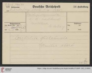 Korrespondenz Louise Ebert/Gustav Radbruch: Telegramm von Louise Ebert an Gustav Radbruch