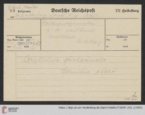 Korrespondenz Louise Ebert/Gustav Radbruch: Telegramm von Louise Ebert an Gustav Radbruch