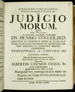 Disquisitio Ethico-Nomica Principiis Gentium & Civilis Iuris nixa De Iudicio Morum