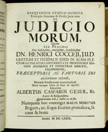 Disquisitio Ethico-Nomica Principiis Gentium & Civilis Iuris nixa De Iudicio Morum