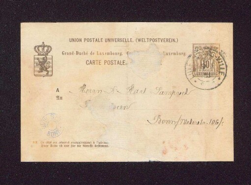 Postkarte an Dr. Karl Lamprecht in Bonn, Weberstr. 106