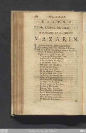 Epitre De Mr. L'Abbe' De Chaulieu, A Madame La Duchesse Mazarin.