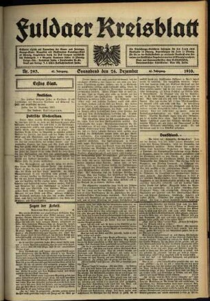 Erste Ausgabe vom Samstag, den 24. Dezember 1910.