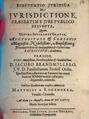 Disp. iur. de iurisdictione, praesertim e iure publico desumpta