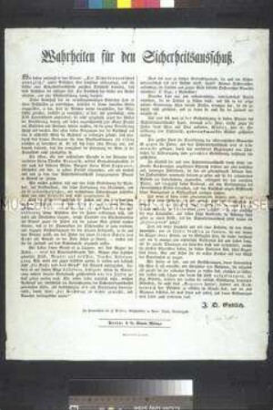 Maueranschlag: Wahrheiten für den Sicherheitsausschuss. Flugschrift von J. Q. Endlich; undatiert