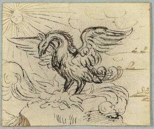 Der Vogel Phönix, Nachzeichnung einer Illustration in De warachtighe Fabulen der Dieren. Brügge 1567, S. 201