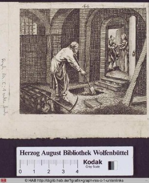 Ein Mann gräbt im Keller ein Loch, daneben eine Schatztruhe, im Hintergrund gibt eine Frau einem Bettler an der Tür ein Almosen.