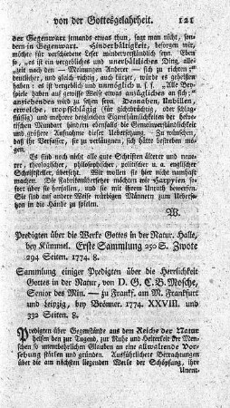 Predigten über die Werke Gottes in der Natur. Slg.1.2.