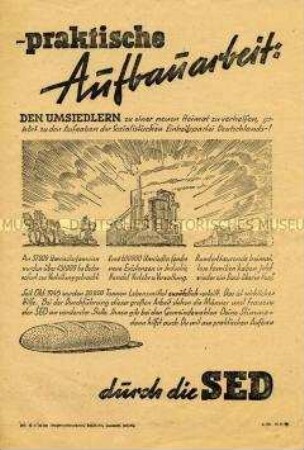 Illustriertes Flugblatt mit Propaganda der SED für ihre Umsiedler-Politik und Wahlaufruf
