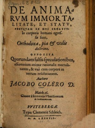 De Animarum immortalitate ... orthodoxa ... Doctrina