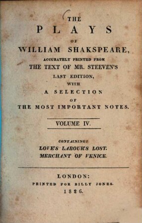 The Plays of William Shakspeare, 4. Love's Labour's Lost. Merchant of Venice. - 419 S.