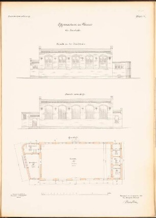 Gymnasium, Neuss: Turnhalle: 2 Ansichten, Grundriss