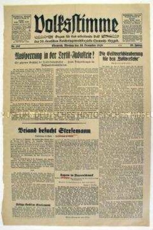 Titelblatt der sozialdemokratischen Tageszeitung "Volksstimme" u.a. zu den Völkerbund-Verhandlungen in Lugano