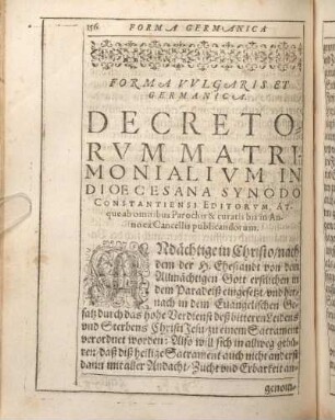 Forma Vvlgaris Et Germanica. Decretorvm Matrimonialivm In Dioecesana Syndoo Constantiensi Editorvm, Arque ab omnibus Parochis & curatis bis in Annocx Cancellis publicandorum.