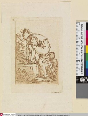 [Figurenstudie eines vornübergebeugten Soldaten mit Helm, links dahinter eine Frau und rechts am Boden eine weitere sitzende Figur]