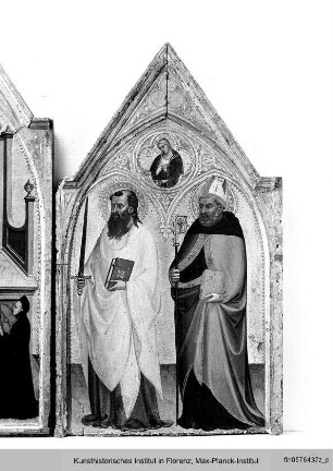 Triptychon mit der Madonna, Stiftern und den Heiligen Franziskus, Petrus, Paulus und Augustinus, segnender Christus und Verkündigung : Rechte Tafel mit Paulus und Augustinus