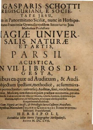 P. Gasparis Schotti magia universalis naturae et artis. 2, Acustica