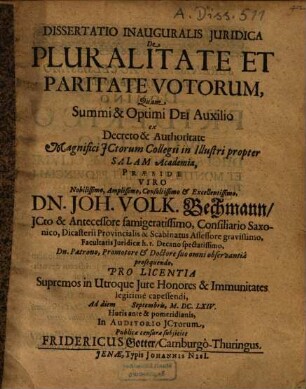 Dissertatio inauguralis iuridica de pluralitate et paritate votorum