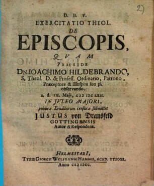 D. B. V. Exercitatio Theol. De Episcopis. 1
