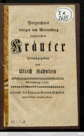 Verzeichnis einiger um Wittenberg befindlichen Kräuter