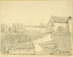 Garten und Feldrand hinter einem Haus in Dorfhain bei Freital mit Blick in den Ort