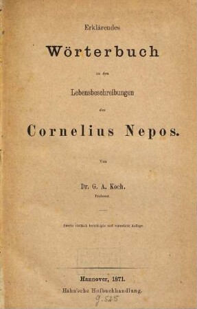 Erklärendes Wörterbuch zu den Lebensbeschreibungen des Cornelius Nepos