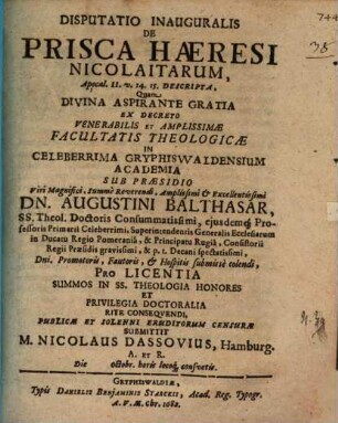 Disp. inaug. de prisca haeresi Nicolaitarum, Apocal. II. v. 14. 15. descripta