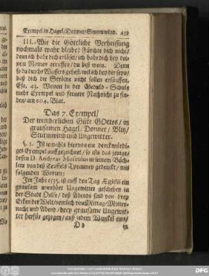 Das 7. Exempel/ Der wunderlichen Güte GOttes/ in grausamen Hagel/ Donner/ Blitz/ Sturmwind und Ungewitter.