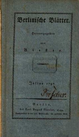 Berlinische Blätter. [1, 1]. 1797