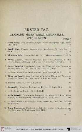 Gemälde, Miniaturen, Aquarelle, Zeichnungen (Nr. 1-186)