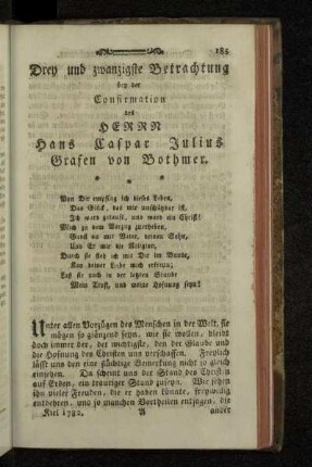 Drey und zwanzigste Betrachtung bey der Confirmation des Herrn Hans Caspar Julius Grafen von Bothmer.