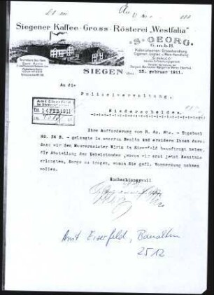 Firmenbriefkopf Siegener Kaffee - Gross - Rösterei - Westfalia, S. Georg, G.m.b.H