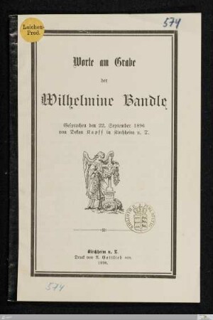 Worte am Grabe der Wilhelmine Bandle : gesprochen den 22. September 1896