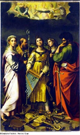 Die heilige Cäcilie : Calvaert, Denys, nach Raffael: Die heilige Cäcilie. Öl auf Leinwand; 234 x 148 cm. Dresden: Staatliche Kunstsammlungen Dresden (SKD), Gemäldegalerie Alte Meister 94