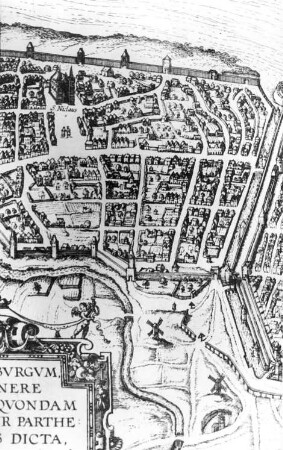 Magdeburg. Stadtansicht 1574, Braun/Hogenberg, aus: Hoffmann, Friedr. Wilh.: Geschichte der Stadt Magdeburg, 1856