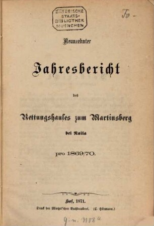 Jahres-Bericht des Rettungshauses zum Martinsberg. 19. 1869/70
