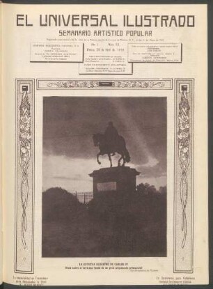 La estatua ecuestre de Carlos IV - [Fotografía] : Vista sobre el hermoso fondo de un gran crepúsculo primaveral