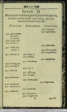 Index II. Annorum videlicet post Christum natum ad quos communiter referentur, quorum superius mentio facta est