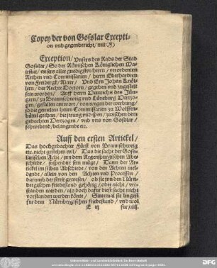 Copey der von Gosslar Exception und gegenbericht/ mit (F)