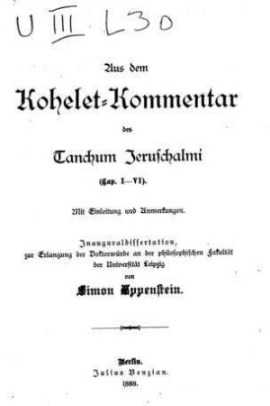 Aus dem Kohelet-Kommentar des Tanchum Jeruschalmi : Cap. I - VI ; mit Einl. u. Anmerkungen / von Simon Eppenstein