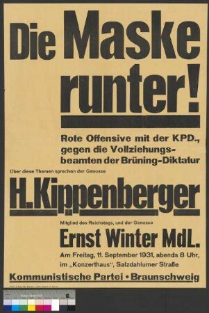 Plakat der KPD zu einer öffentlichen Parteikundgebung am 11. September 1931 in Braunschweig