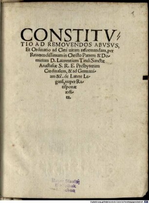 Constitvtio Ad Removendos Abvsvs, Et Ordinatio ad Cleri uitam reformandam