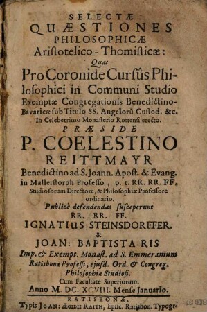 Selectae Quaestiones Philosophicae Aristotelico-Thomisticae