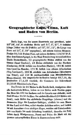 Geographische Lage, Clima, Luft und Boden von Berlin